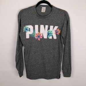 PINK Victoria's Secret Long Sleeve gray shirt w embroidery Size XS 100% cotton
